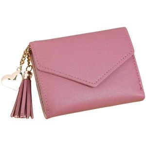 Watermelon Red Faux Leather Wallet Tassel & Gold Heart Charm Card Slots Bill NEW